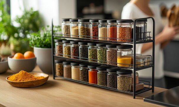 Spice rack with different varieties of seasonings, highlighting a well-organized kitchen setup ideal for cooking enthusiasts, Generative AI