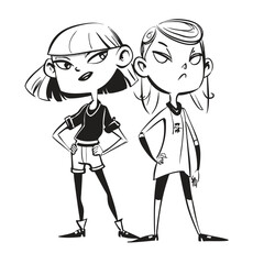 fashionable women in a 1950s-inspired black-and-white cartoon style, bold lines, confident poses, one in a skirt suit, the other in a short skirt and sweater, mid-century modern illustration style