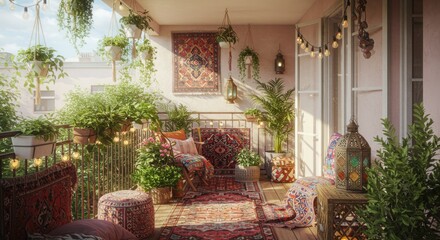 Fototapeta premium Sunlit bohemian balcony with lush plants