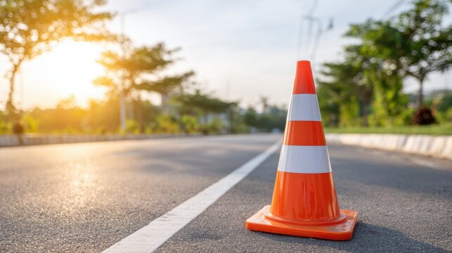 Orange and white traffic cone on asphalt road, with blurred trees and sunset in background, indicating caution or detour.