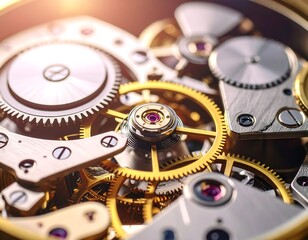 Intricate clockwork mechanism, gold and silver gears interlock