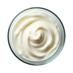 Creamy white swirl in glass bowl isolated on transparent background top down view