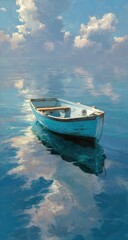Obraz premium Tranquil blue boat on still water, mirrored clouds