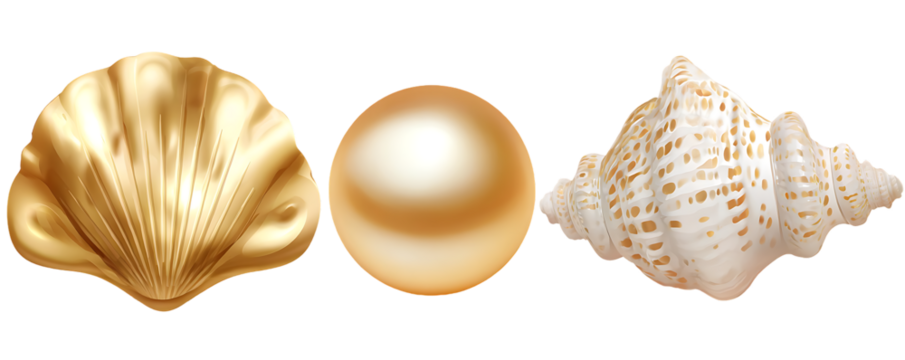 Gold scallop shell, pearl, and seashell on a black background.