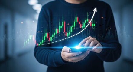 Investor Analyzing Stock Market Data on Smartphone with Bullish Trend and Financial Growth