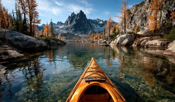 Kayaker on alpine lake, mountains