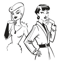 fashionable women in a 1950s-inspired black-and-white cartoon style, bold lines, confident poses, one in a skirt suit, the other in a short skirt and sweater, mid-century modern illustration style