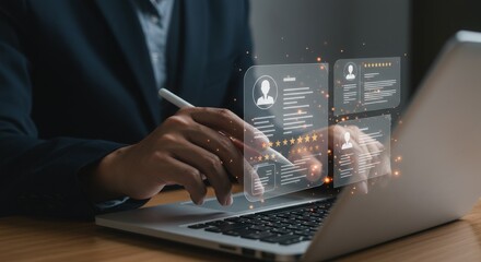 Business professional analyzing data on a futuristic holographic interface