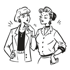 fashionable women in a 1950s-inspired black-and-white cartoon style, bold lines, confident poses, one in a skirt suit, the other in a short skirt and sweater, mid-century modern illustration style