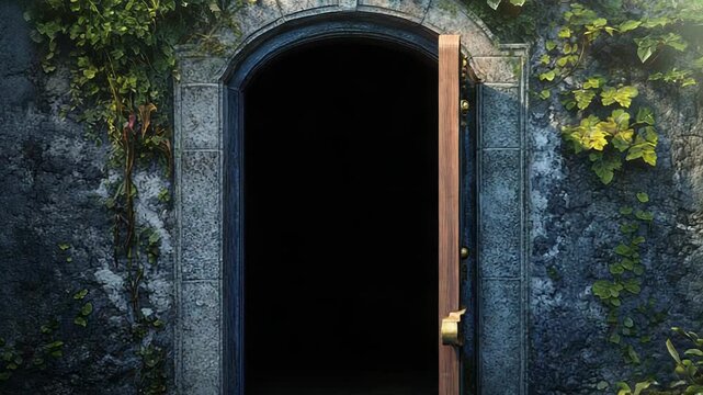 Old wooden door opening into magical garden covered by ivy