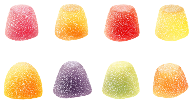Colorful, sugared, fruit-flavored gummies arranged in a grid.