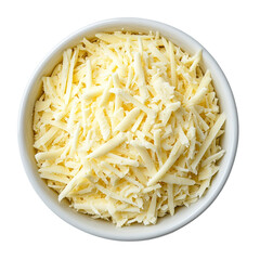 A top down view of a pile of Mexican blend shredded cheese, against a white background.