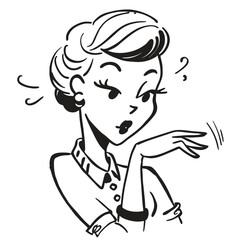 fashionable women in a 1950s-inspired black-and-white cartoon style, bold lines, confident poses, one in a skirt suit, the other in a short skirt and sweater, mid-century modern illustration style