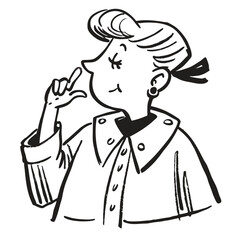 fashionable women in a 1950s-inspired black-and-white cartoon style, bold lines, confident poses, one in a skirt suit, the other in a short skirt and sweater, mid-century modern illustration style