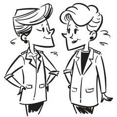 fashionable women in a 1950s-inspired black-and-white cartoon style, bold lines, confident poses, one in a skirt suit, the other in a short skirt and sweater, mid-century modern illustration style