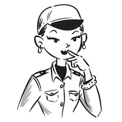 fashionable women in a 1950s-inspired black-and-white cartoon style, bold lines, confident poses, one in a skirt suit, the other in a short skirt and sweater, mid-century modern illustration style