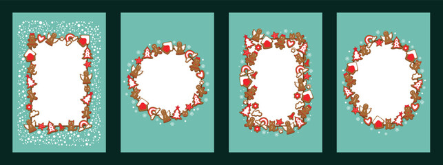 Set of Hand-drawn Christmas wreath made of gingerbread cookies and stars