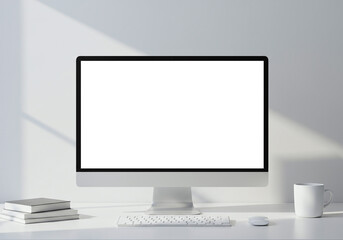 Fototapeta premium Minimalist Workspace Computer Setup on White Desk Mockup Blank Screen