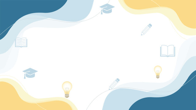 Abstract pastel background with flowing shapes and education icons: light bulb, book, graduation cap, pencil.