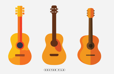 Naklejka premium Set of three orange acoustic guitars with varying neck and headstock designs