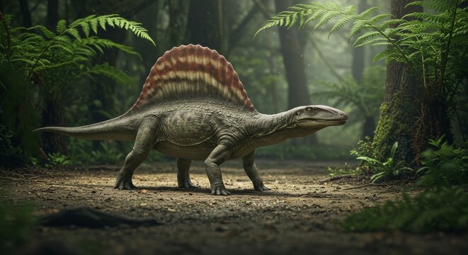 A lone Edaphosaurus sauntering through a prehistoric forest landscape