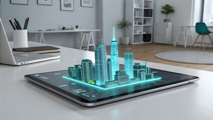 Photo of digital hologram of a futuristic city skyline displayed on a tablet computer on a desk in a modern office