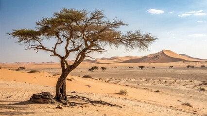 Solitary tree in the desert, a symbol of resilience against the arid landscape, with sand dunes under a vast sky