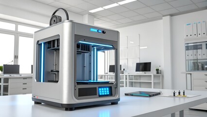 Photo of modern 3d printer machine in a bright office workspace, showcasing advanced manufacturing technology and innovation