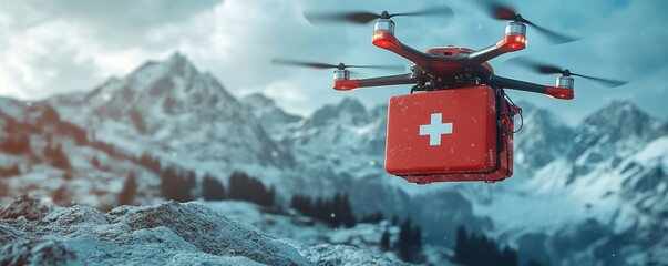Close-up of a drone flying over a mountain landscape with a red first aid kit, symbolizing mountain rescue operations and the use of modern technology in emergency situations, Generative AI