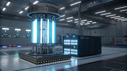 Photo of futuristic glowing blue energy reactor and server rack in a hightech industrial laboratory setting with advanced technology and lighting