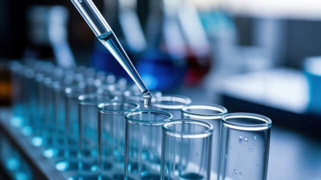 Medical Lab Test - A pipette dispensing a liquid drop into a test tube, symbolizing lab testing, science, and medical research