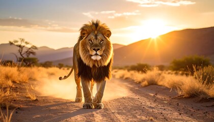 Majestic male lion walks toward viewer on a dirt road at sunset in an African savanna