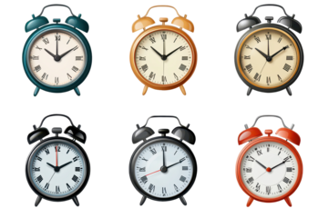 Collection of retro vintage and modern alarm clocks showcasing various designs and colors on a neutral background