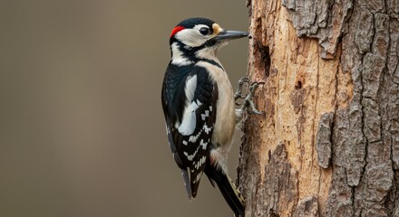 Fototapeta premium Great Spotted Woodpecker Excavating Nesting Cavity in a Tree Trunk