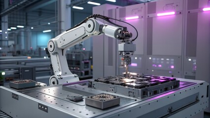 Photo of an industrial robotic arm precisely places a component onto a circuit board in a modern automated manufacturing facility, showcasing advanced technology and production