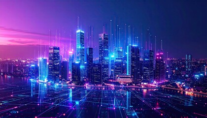 A cityscape at night, illuminated with vibrant neon lights and digital grid overlays, reflected in the water below.