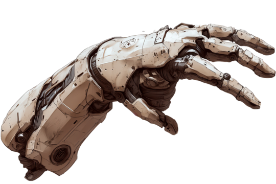 Robot hand demonstrating a gesturing action against a transparent background showcasing intricate mechanical design and features