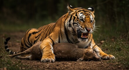 Fototapeta premium Powerful tiger fiercely guards its prey in a display of dominance