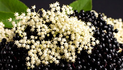 Close-up of elderflower blossoms and berries