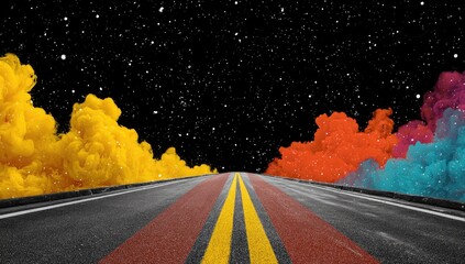 Cosmic road, vibrant colored smoke clouds, starry night