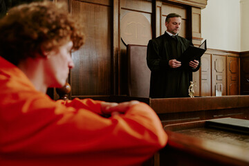 Caucasian middle aged male judge reading legal document while Caucasian young adult man in orange...