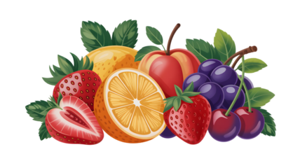 Still life illustration of various fruits including strawberries grapes and citrus fruits with leaves on transparent background