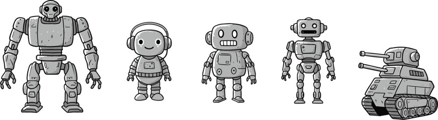 Pixel art robots, cyborgs, and a tank vector illustration set, in a retro video game or arcade style, for digital design projects.