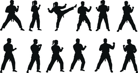 Vector silhouettes of male and female martial artists in various karate and taekwondo stances, demonstrating fighting techniques and self-defense moves, black on white. © Arman Creatives