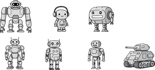Pixel art robots, cyborgs, and a tank vector illustration set, in a retro video game or arcade style, for digital design projects.