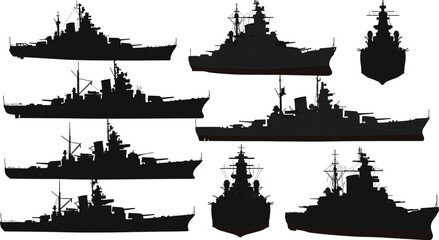 Vector silhouettes of a battleship and warship, from various side, front, and quarter views, for military and naval illustrations, black on white background. © Arman Creatives