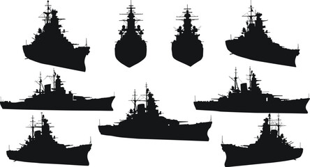 Vector silhouettes of a battleship and warship, from various side, front, and quarter views, for military and naval illustrations, black on white background. © Arman Creatives