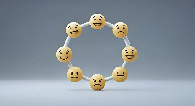 Floating 3D Emoji Ring with Rotating Basic Emotions Outlines