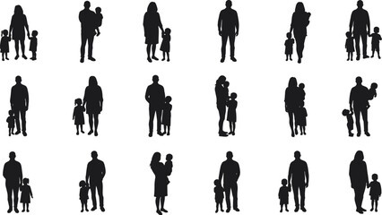 Collection of black silhouette illustrations depicting parents with their children in various standing poses, conveying family and togetherness.