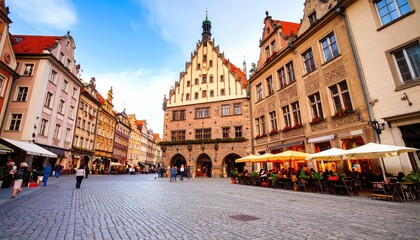Obraz premium A cobblestone square surrounded by colorful buildings with a prominent ornate structure at the center in a European city.